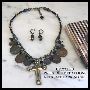 Vintage Religious Medallion & Cross Charm Necklace